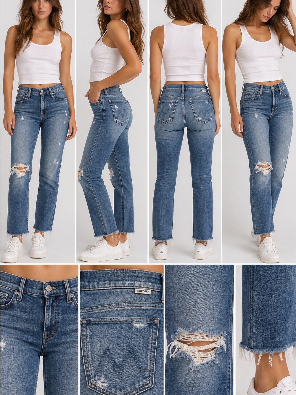 MOTHER Distressed High-Rise Straight Crop Jeans in Medium Blue Wash